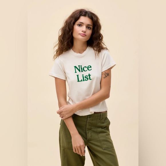 Daydreamer Tops - DAYDREAMER Nice List Shirt Cream & Green Velvet